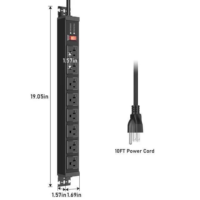 Alt view image 6 of 6 - 20 Amp Power Strip Surge Protector 4800J, Heavy Duty 8 Outlet Metal Multi Angle Mount, 20A Garage Power Strip Shop 6-20R T-Slot, 5-15P Plug 12 Gauge Extension Cord 4ft for Appliance