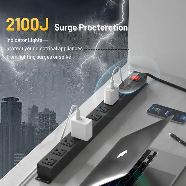 Alt view image 4 of 7 - 10 Outlet Heavy Duty Power Strip, 2100J Surge Protector with 6FT Extension Cord, 15A/1875W Wall Mount Power Strip Design,Safety Switch,Overload Protection for Home Office Workshop - Black