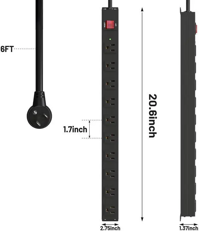 Alt view image 6 of 7 - 10 Outlet Heavy Duty Power Strip, 2100J Surge Protector with 6FT Extension Cord, 15A/1875W Wall Mount Power Strip Design,Safety Switch,Overload Protection for Home Office Workshop - Black