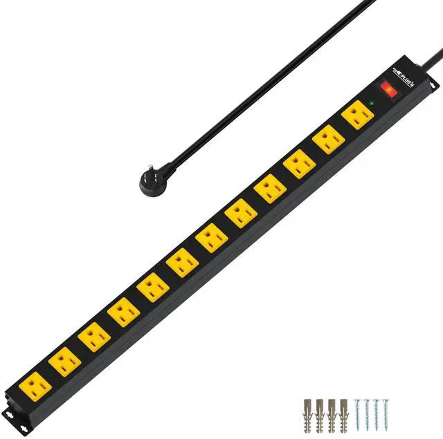 Main image of 12 Outlet Long Power Strip, 2100 Joules Surge Protector, 6FT Power Cord, Wide Spaced Outlet Power Bar, Overload Protection Switch, Industrial Heavy Duty for Work Bench, Shop, Garage