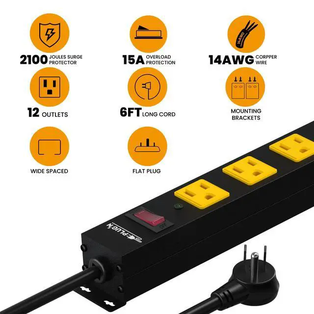 Alt view image 2 of 6 - 12 Outlet Long Power Strip, 2100 Joules Surge Protector, 6FT Power Cord, Wide Spaced Outlet Power Bar, Overload Protection Switch, Industrial Heavy Duty for Work Bench, Shop, Garage