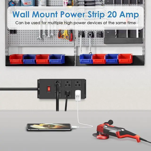 Alt view image 4 of 6 - Heavy Duty 20 Amp Power Strip, Garage 6 Outlets Metal 12 Gauge Surge Protector 3000J, High Amp 5-15P Adapter Shop 6-20R T-Slot Industrial (6AC, 6FT)