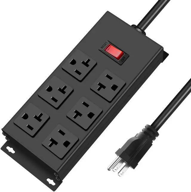 Main image of Heavy Duty 20 Amp Power Strip, Garage 6 Outlets Metal 12 Gauge Surge Protector 3000J, High Amp 5-15P Adapter Shop 6-20R T-Slot Industrial (6AC, 6FT)