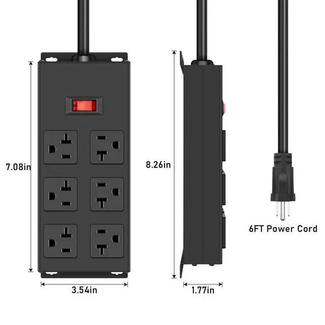 Alt view image 6 of 6 - Heavy Duty 20 Amp Power Strip, Garage 6 Outlets Metal 12 Gauge Surge Protector 3000J, High Amp 5-15P Adapter Shop 6-20R T-Slot Industrial (6AC, 6FT)