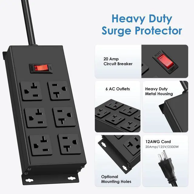 Alt view image 2 of 6 - Heavy Duty 20 Amp Power Strip, Garage 6 Outlets Metal 12 Gauge Surge Protector 3000J, High Amp 5-15P Adapter Shop 6-20R T-Slot Industrial (6AC, 6FT)