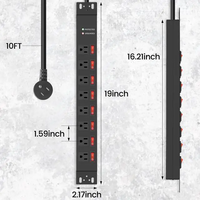 Alt view image 6 of 6 - Rack Mount PDU Power Strips,8 Outlet Surge Protector,Individual Switches,1.5U Rackmount Server Racks,14AWG Heavy Duty Extension Cord,2700J,15A 125V 1875W (Standard Power Cord, 10 FT Cable)