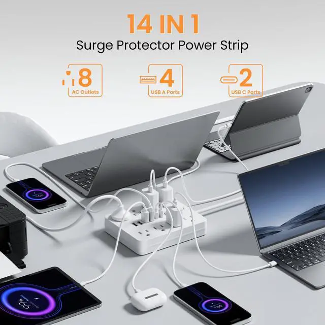 Alt view image 2 of 6 - Surge Protector Power Strip - 8 Outlets(1850W/15A/14AWG) 4 USB A2 USB C, 6FT Flat Plug Extension Cord, Wall Mount Multi Plug Outlet Extender, ETL Listed for Home