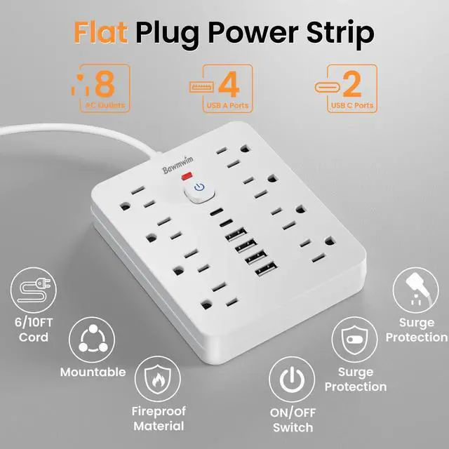 Alt view image 3 of 6 - Surge Protector Power Strip - 8 Outlets(1850W/15A/14AWG) 4 USB A2 USB C, 6FT Flat Plug Extension Cord, Wall Mount Multi Plug Outlet Extender, ETL Listed for Home