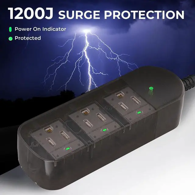 Alt view image 4 of 7 - Outdoor Power Strip Weatherproof, Transparent IPX6 Waterproof Surge Protector with 3 Wide Outlets, 1625W/13A, 5FT Extension Cord, Wall Mountable for Indoor Outdoor, UL FCC Listed