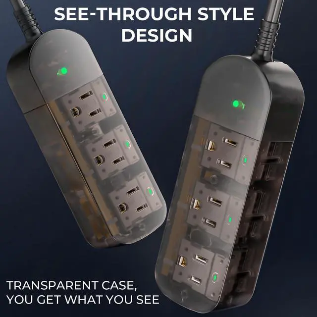 Alt view image 2 of 7 - Outdoor Power Strip Weatherproof, Transparent IPX6 Waterproof Surge Protector with 3 Wide Outlets, 1625W/13A, 5FT Extension Cord, Wall Mountable for Indoor Outdoor, UL FCC Listed