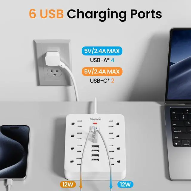 Alt view image 4 of 6 - Surge Protector Power Strip - 8 Outlets(1850W/15A/14AWG) 4 USB A2 USB C, 6FT Flat Plug Extension Cord, Wall Mount Multi Plug Outlet Extender, ETL Listed for Home