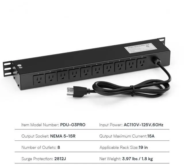 Alt view image 5 of 6 - 10 Outlet Horizontal 1U Rack Mount PDU Power Strip with Surge Protector - 110V/15A - 6ft Power Cord for Network Server Racks (PDU-03PRO)