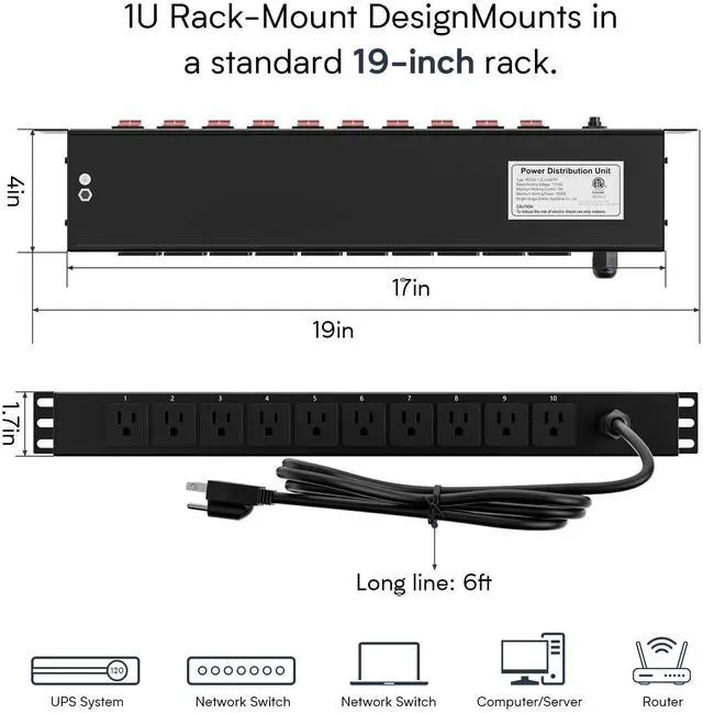 Alt view image 3 of 6 - 10 Outlet Horizontal 1U Rack Mount PDU Power Strip with Surge Protector - 110V/15A - 6ft Power Cord for Network Server Racks (PDU-03PRO)