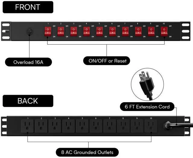 Alt view image 2 of 6 - 10 Outlet Horizontal 1U Rack Mount PDU Power Strip with Surge Protector - 110V/15A - 6ft Power Cord for Network Server Racks (PDU-03PRO)