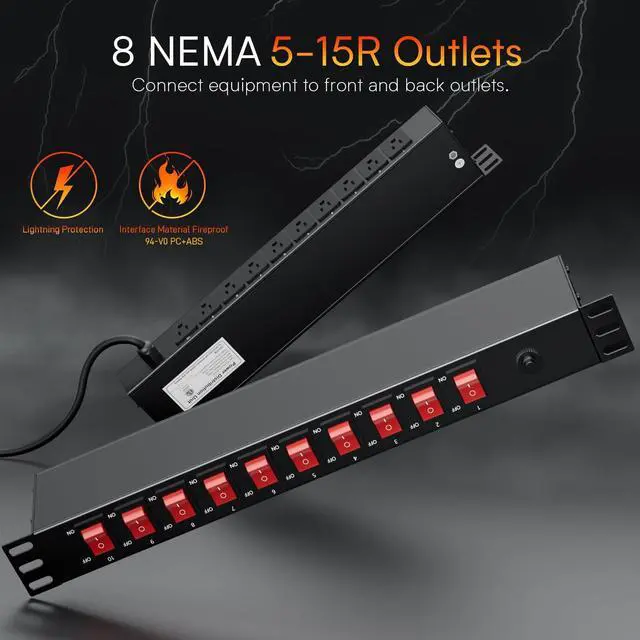 Alt view image 4 of 6 - 10 Outlet Horizontal 1U Rack Mount PDU Power Strip with Surge Protector - 110V/15A - 6ft Power Cord for Network Server Racks (PDU-03PRO)