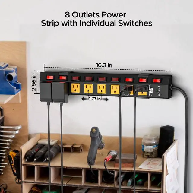 Alt view image 2 of 7 - 8-Outlet Metal Power Strip with Individual Switches, 1.77" Wide Spacing for Bulky Plugs, 1200J Surge Protector, 6FT Cord & Mounting Brackets for Home & Workshop (15A/1875W)