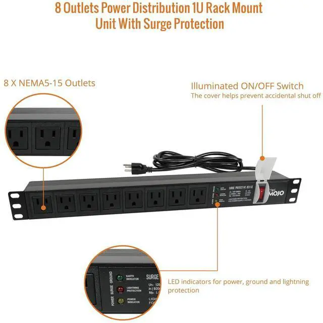 Alt view image 4 of 6 - 1U Rack-Mount Horizontal 8-Outlet PDU, UL Listed PDU with Surge Protection LED Indicators 6ft Cord Power Distribution for IT and Network Server Racks