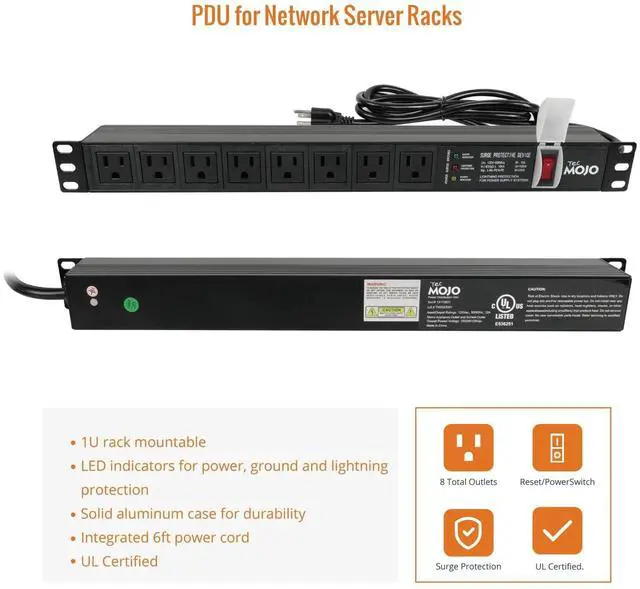 Alt view image 6 of 6 - 1U Rack-Mount Horizontal 8-Outlet PDU, UL Listed PDU with Surge Protection LED Indicators 6ft Cord Power Distribution for IT and Network Server Racks