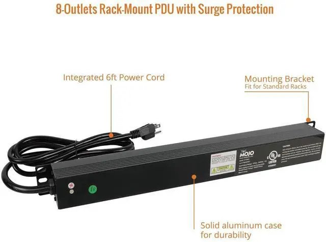 Alt view image 5 of 6 - 1U Rack-Mount Horizontal 8-Outlet PDU, UL Listed PDU with Surge Protection LED Indicators 6ft Cord Power Distribution for IT and Network Server Racks
