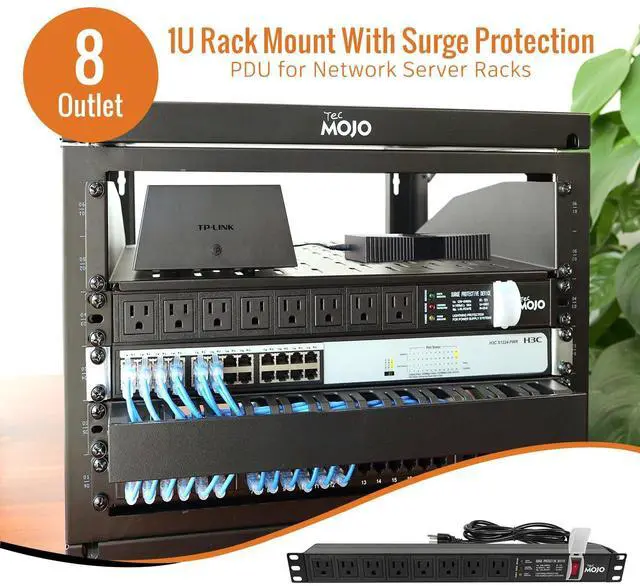 Alt view image 3 of 6 - 1U Rack-Mount Horizontal 8-Outlet PDU, UL Listed PDU with Surge Protection LED Indicators 6ft Cord Power Distribution for IT and Network Server Racks