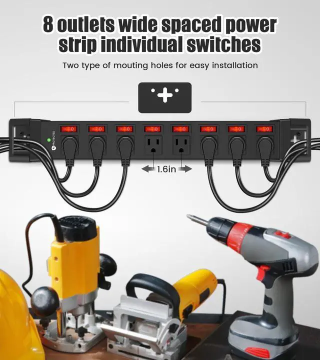 Alt view image 5 of 7 - Heavy Duty Power Strip with Individual Switches,8 Outlets 14 Gauge Industrial Shop Garage Metal Multiple Outlets,1200J Surge Protector Mountable Power Strip,6FT Extension Cord Management(Black)