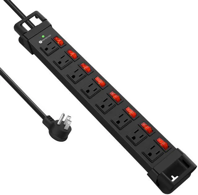 Main image of Heavy Duty Power Strip with Individual Switches,8 Outlets 14 Gauge Industrial Shop Garage Metal Multiple Outlets,1200J Surge Protector Mountable Power Strip,6FT Extension Cord Management(Black)
