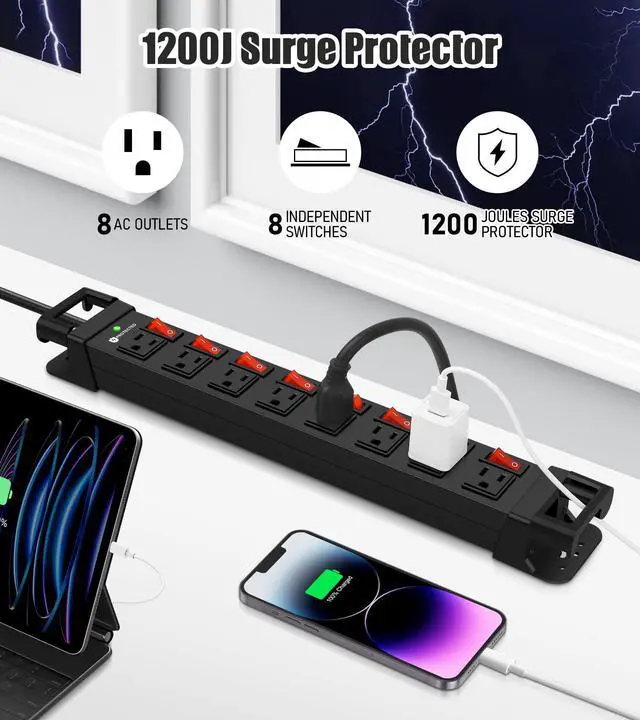 Alt view image 2 of 7 - Heavy Duty Power Strip with Individual Switches,8 Outlets 14 Gauge Industrial Shop Garage Metal Multiple Outlets,1200J Surge Protector Mountable Power Strip,6FT Extension Cord Management(Black)