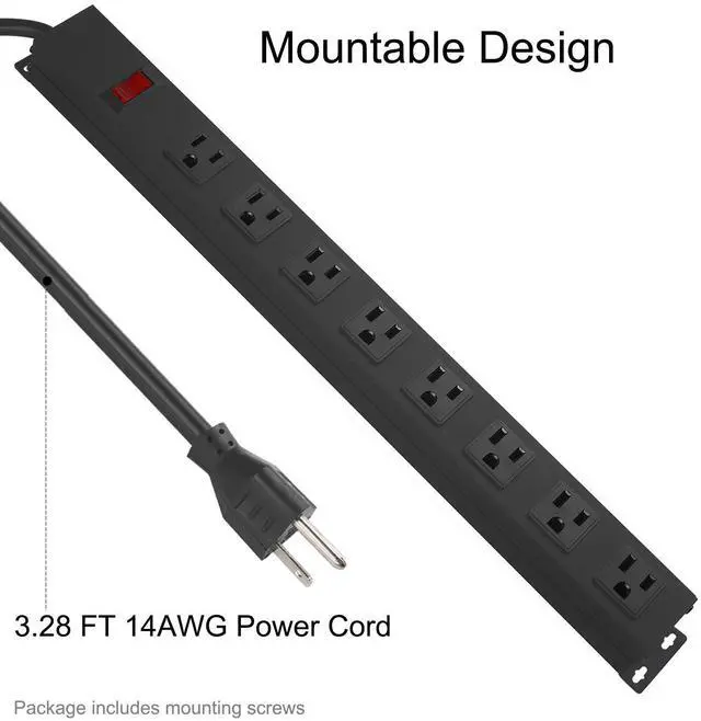 Alt view image 4 of 7 - Metal 8 Outlet Mountable Power Strip, Wall Mount Outlet Heavy Duty, Wide Spaced Commercial Shop Power Strip with Switch, 3 FT SJT 14AWG Power Cord.(3FT)