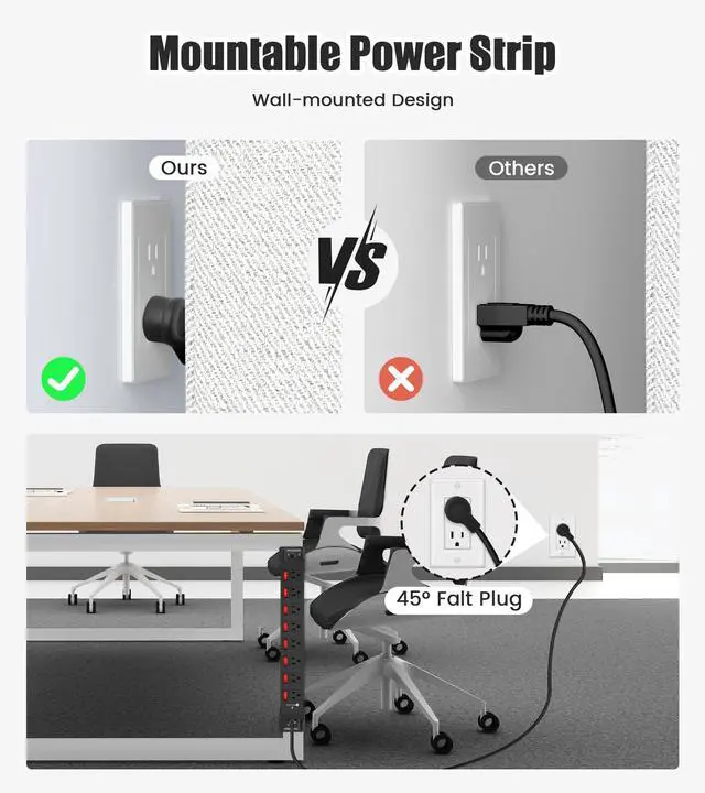 Alt view image 4 of 7 - Heavy Duty Power Strip with Individual Switches,8 Outlets 14 Gauge Industrial Shop Garage Metal Multiple Outlets,1200J Surge Protector Mountable Power Strip,6FT Extension Cord Management(Black)