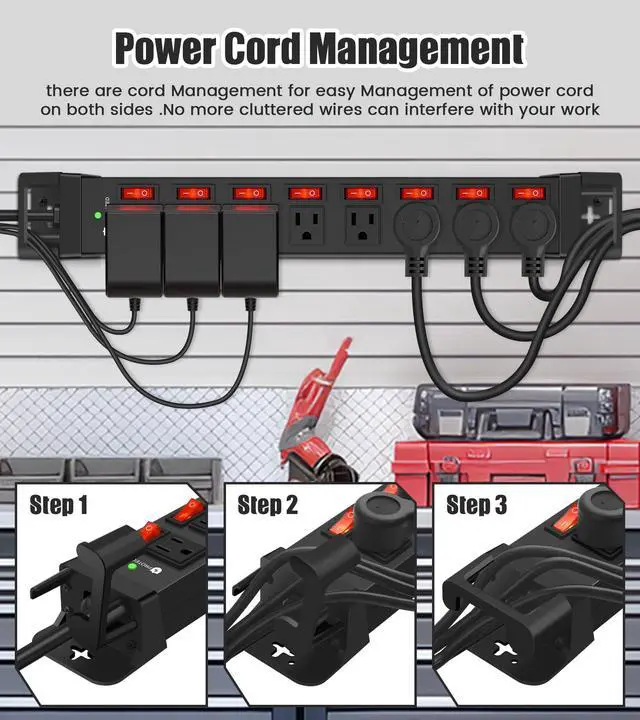 Alt view image 3 of 7 - Heavy Duty Power Strip with Individual Switches,8 Outlets 14 Gauge Industrial Shop Garage Metal Multiple Outlets,1200J Surge Protector Mountable Power Strip,6FT Extension Cord Management(Black)