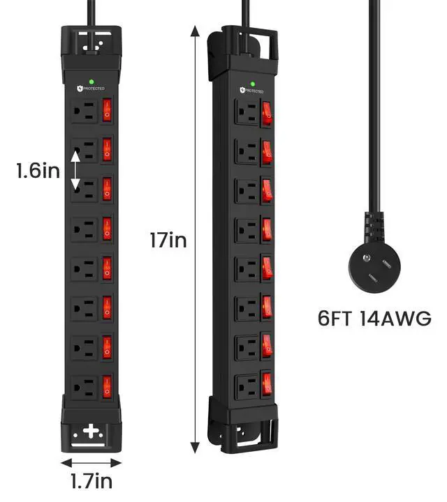 Alt view image 7 of 7 - Heavy Duty Power Strip with Individual Switches,8 Outlets 14 Gauge Industrial Shop Garage Metal Multiple Outlets,1200J Surge Protector Mountable Power Strip,6FT Extension Cord Management(Black)