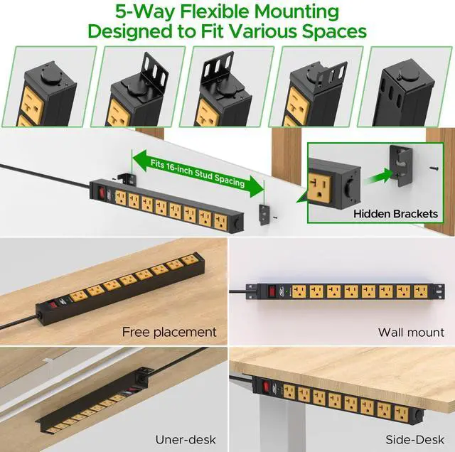 Alt view image 5 of 7 - 20 Amp Heavy Duty Power Strip, 8-Outlet Metal Surge Protector 2100J, True 20A Internal Wiring &12AWG 6FT Cord, ETL Listed, Wall Mount for 19" Rack,Garage,Kitchen...Includes 5-15P to 5-20R Adapter