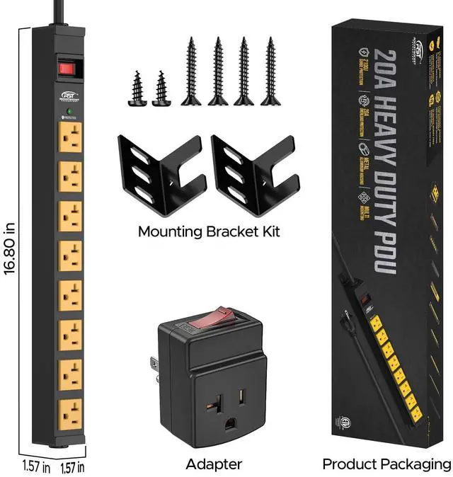 Alt view image 7 of 7 - 20 Amp Heavy Duty Power Strip, 8-Outlet Metal Surge Protector 2100J, True 20A Internal Wiring &12AWG 6FT Cord, ETL Listed, Wall Mount for 19" Rack,Garage,Kitchen...Includes 5-15P to 5-20R Adapter