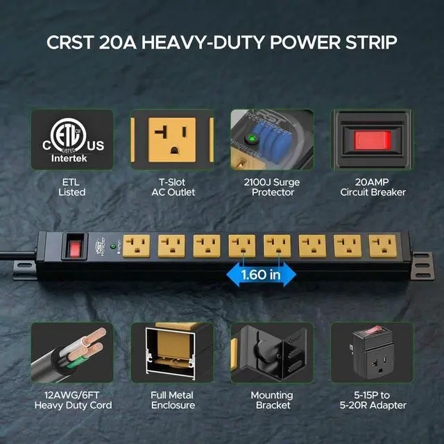 Alt view image 3 of 7 - 20 Amp Heavy Duty Power Strip, 8-Outlet Metal Surge Protector 2100J, True 20A Internal Wiring &12AWG 6FT Cord, ETL Listed, Wall Mount for 19" Rack,Garage,Kitchen...Includes 5-15P to 5-20R Adapter