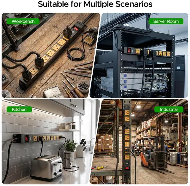 Alt view image 6 of 7 - 20 Amp Heavy Duty Power Strip, 8-Outlet Metal Surge Protector 2100J, True 20A Internal Wiring &12AWG 6FT Cord, ETL Listed, Wall Mount for 19" Rack,Garage,Kitchen...Includes 5-15P to 5-20R Adapter