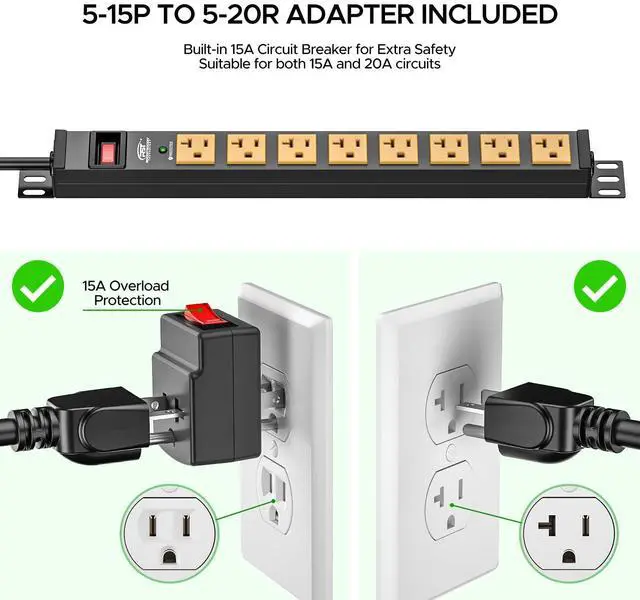 Alt view image 4 of 7 - 20 Amp Heavy Duty Power Strip, 8-Outlet Metal Surge Protector 2100J, True 20A Internal Wiring &12AWG 6FT Cord, ETL Listed, Wall Mount for 19" Rack,Garage,Kitchen...Includes 5-15P to 5-20R Adapter