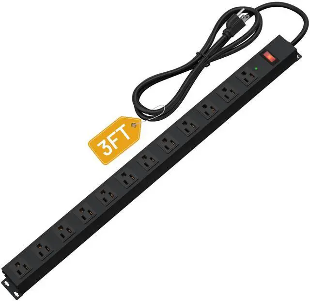 Main image of 12 Outlet Long Power Strip Surge Protector with 2100 Joules, 3FT Power Cord, Wide Spaced Outlet Power Bar, Overload Protection Switch, Industrial Heavy Duty for Work Bench, Shop, Garage (Black)