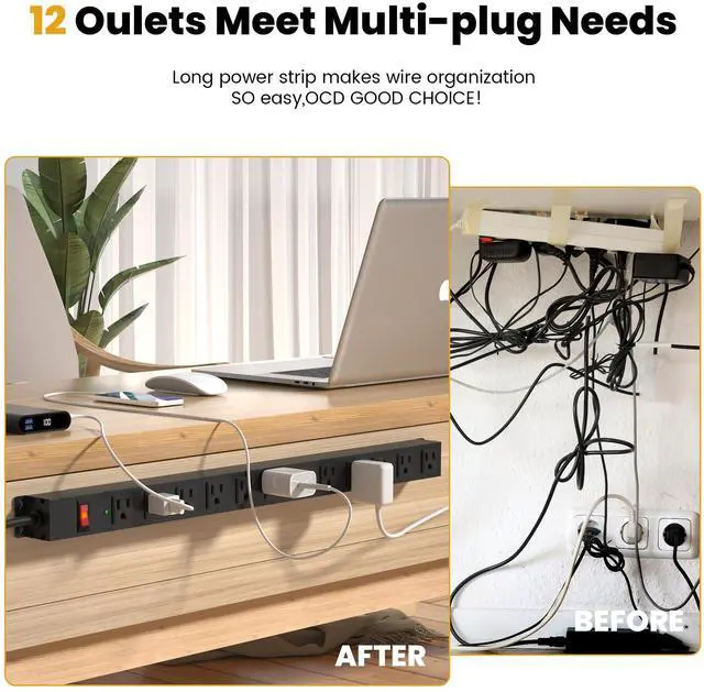 Alt view image 2 of 7 - 12 Outlet Long Power Strip Surge Protector with 2100 Joules, 3FT Power Cord, Wide Spaced Outlet Power Bar, Overload Protection Switch, Industrial Heavy Duty for Work Bench, Shop, Garage (Black)
