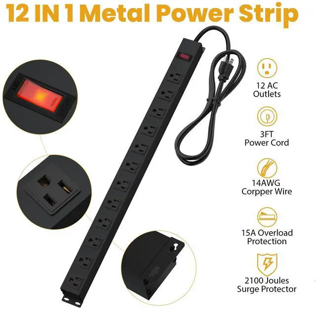Alt view image 5 of 7 - 12 Outlet Long Power Strip Surge Protector with 2100 Joules, 3FT Power Cord, Wide Spaced Outlet Power Bar, Overload Protection Switch, Industrial Heavy Duty for Work Bench, Shop, Garage (Black)