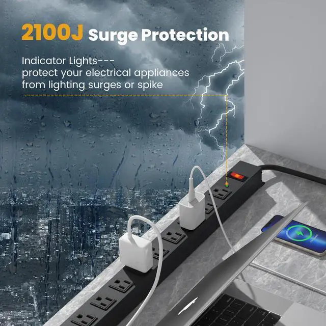 Alt view image 4 of 7 - 12 Outlet Long Power Strip Surge Protector with 2100 Joules, 3FT Power Cord, Wide Spaced Outlet Power Bar, Overload Protection Switch, Industrial Heavy Duty for Work Bench, Shop, Garage (Black)