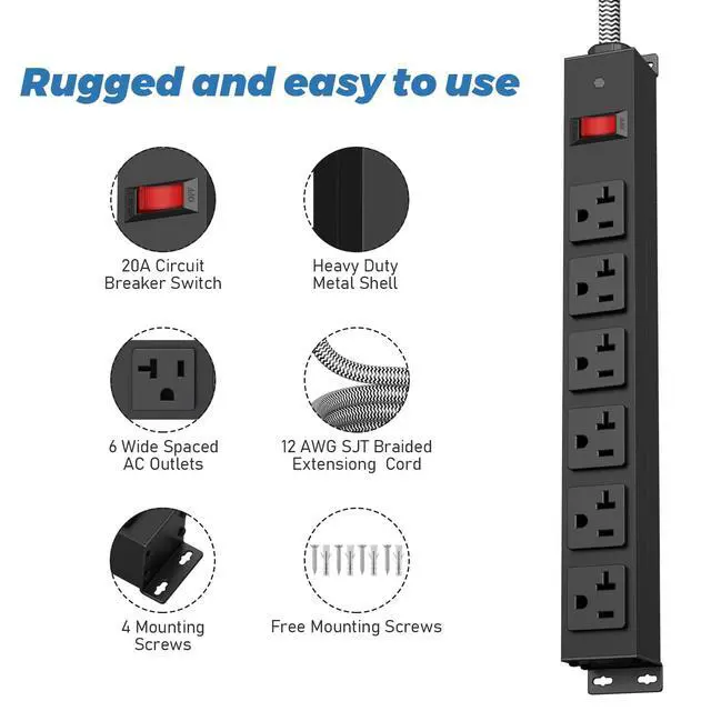 Alt view image 2 of 6 - Heavy Duty Power Strip 20 amp Surge Protector,Wall mountable Power Strip,12 Gauge Extension Cord 5-15P Adapter High Amp 6-20R T-Slot Industrial Outlet,for Garage,Workshop & Industrial