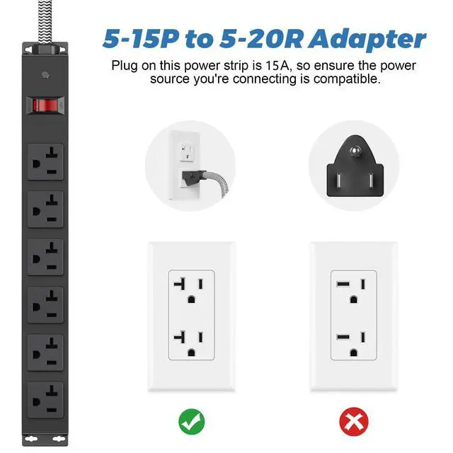 Alt view image 5 of 6 - Heavy Duty Power Strip 20 amp Surge Protector,Wall mountable Power Strip,12 Gauge Extension Cord 5-15P Adapter High Amp 6-20R T-Slot Industrial Outlet,for Garage,Workshop & Industrial