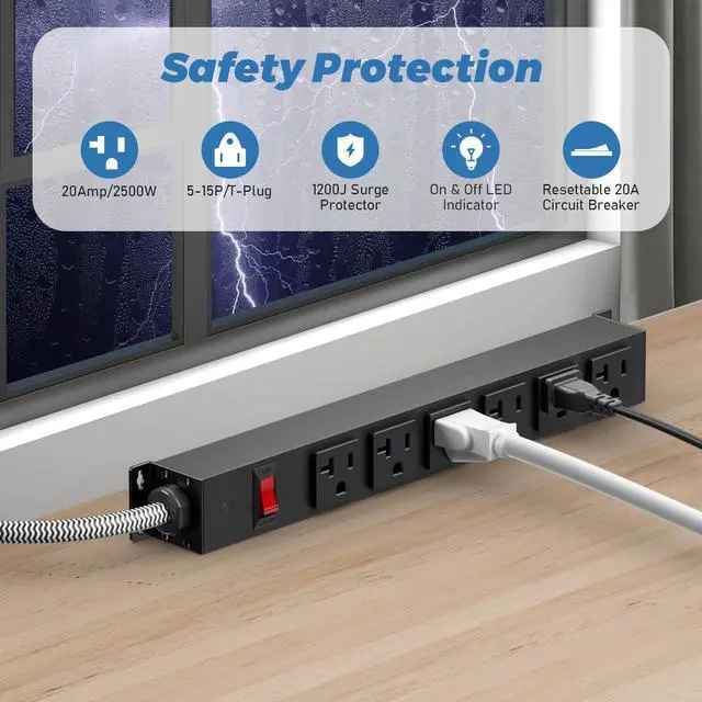 Alt view image 3 of 6 - Heavy Duty Power Strip 20 amp Surge Protector,Wall mountable Power Strip,12 Gauge Extension Cord 5-15P Adapter High Amp 6-20R T-Slot Industrial Outlet,for Garage,Workshop & Industrial