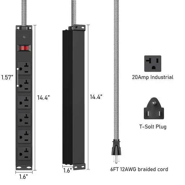 Alt view image 4 of 6 - Heavy Duty Power Strip 20 amp Surge Protector,Wall mountable Power Strip,12 Gauge Extension Cord 5-15P Adapter High Amp 6-20R T-Slot Industrial Outlet,for Garage,Workshop & Industrial