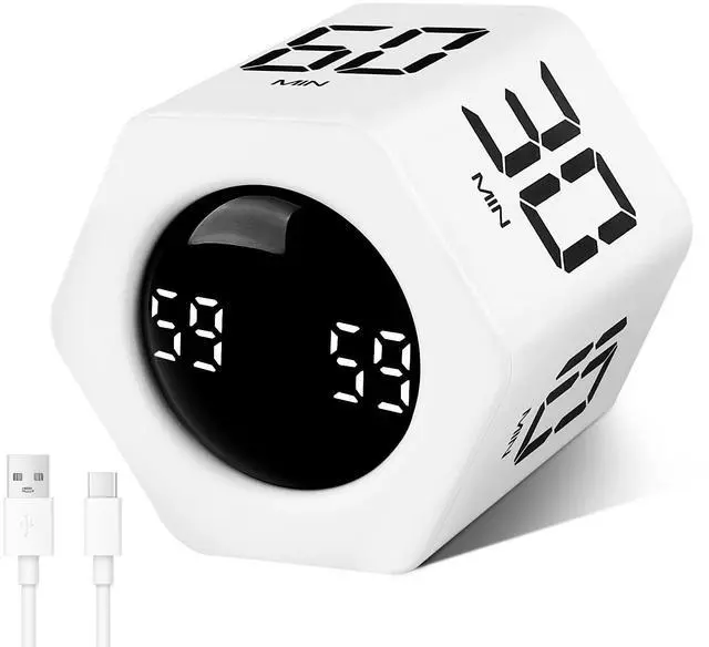Main image of Rotating Pomodoro Timer 1 5 10 30 60 Min Preset, Hexagon ADHD Flip ProductivityTimer Tool Pause, Vibration, Mute, Adjustable Sound Alert for Work, Study, Back to School, Kitchen, White