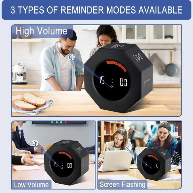 Alt view image 5 of 7 - Digital Productivity Timer, Octagon Rotating Pomodoro Timers with Gravity-sensor, 1-3-5-15-30-60-90 Min Countdown, Portable Adjustable Sound Alert Multi Desk Timer or Study Task, Kitchen, Black