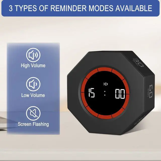 Alt view image 6 of 7 - Digital Productivity Timer, Octagon Rotating Pomodoro Timers with Gravity-sensor, 1-3-5-15-30-60-90 Min Countdown, Portable Adjustable Sound Alert Multi Desk Timer or Study Task, Kitchen, Black