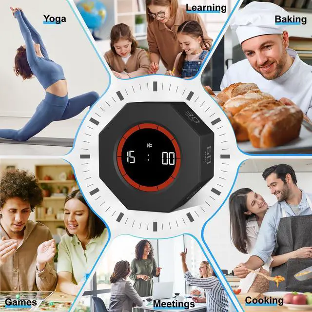 Alt view image 7 of 7 - Digital Productivity Timer, Octagon Rotating Pomodoro Timers with Gravity-sensor, 1-3-5-15-30-60-90 Min Countdown, Portable Adjustable Sound Alert Multi Desk Timer or Study Task, Kitchen, Black