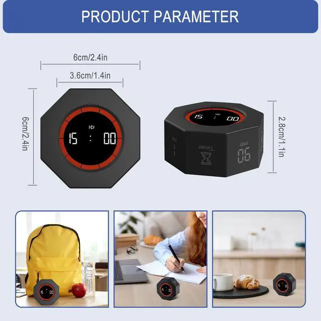 Alt view image 2 of 7 - Digital Productivity Timer, Octagon Rotating Pomodoro Timers with Gravity-sensor, 1-3-5-15-30-60-90 Min Countdown, Portable Adjustable Sound Alert Multi Desk Timer or Study Task, Kitchen, Black