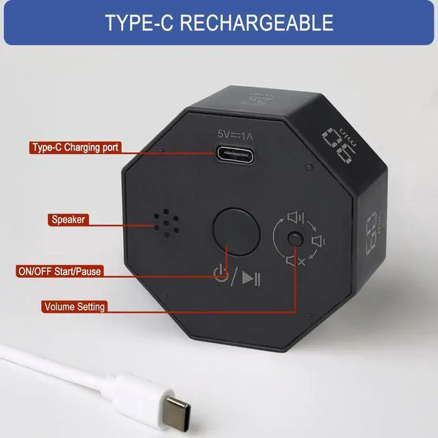 Alt view image 3 of 7 - Digital Productivity Timer, Octagon Rotating Pomodoro Timers with Gravity-sensor, 1-3-5-15-30-60-90 Min Countdown, Portable Adjustable Sound Alert Multi Desk Timer or Study Task, Kitchen, Black